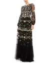 MAC DUGGAL EMBROIDERED HIGH NECK ILLUSION SLEEVE TIERED GOWN