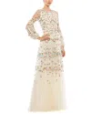 MAC DUGGAL EMBROIDERED HIGH NECK ILLUSION SLEEVE TIERED GOWN