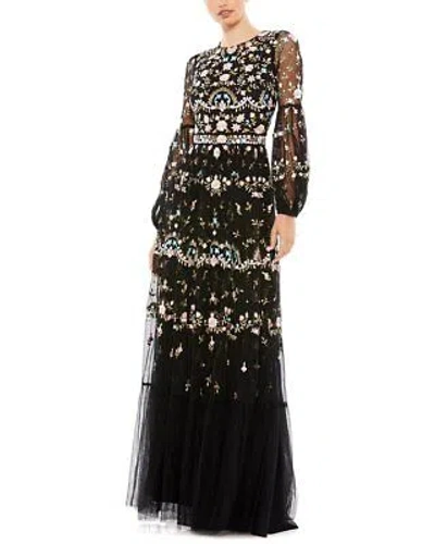 Pre-owned Mac Duggal Embroidered High Neck Illusion Sleeve Tiered Gown Women's In Black