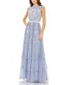 Mac Duggal Embellished High Neck Sleeveless Ruffled Gown In Slate Blue