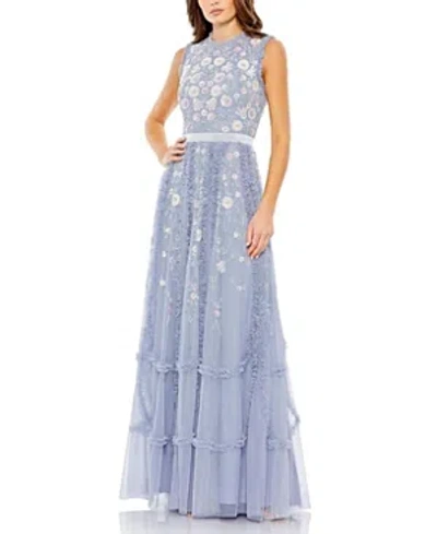 MAC DUGGAL EMBROIDERED HIGH NECK SLEEVELESS RUFFLED GOWN