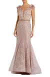 Mac Duggal Embroidered Illusion Appliqued Bodice Trumpet Gown In Mocha