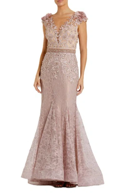 Mac Duggal Embroidered Illusion Appliqued Bodice Trumpet Gown In Mocha