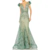 Mac Duggal Embroidered Illusion Appliqued Bodice Trumpet Gown In Sage