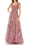 Mac Duggal Embroidered Illusion Cap Sleeve A Line Gown In Cinnamon