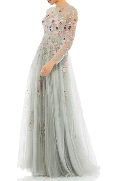 Mac Duggal Embroidered Illusion High Neck Long Sleeve A Line Gown In Platinum Multi