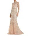 Mac Duggal Embroidered Illusion Long Sleeve Trumpet Gown In Blush
