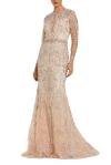 Mac Duggal Embroidered Illusion Long Sleeve Trumpet Gown In Neutral