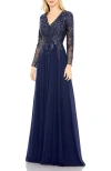 Mac Duggal Beaded Bodice Long Sleeve A-line Gown In Navy