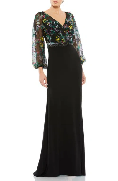 MAC DUGGAL MAC DUGGAL EMBROIDERED ILLUSION PUFF SLEEVE COLUMN GOWN