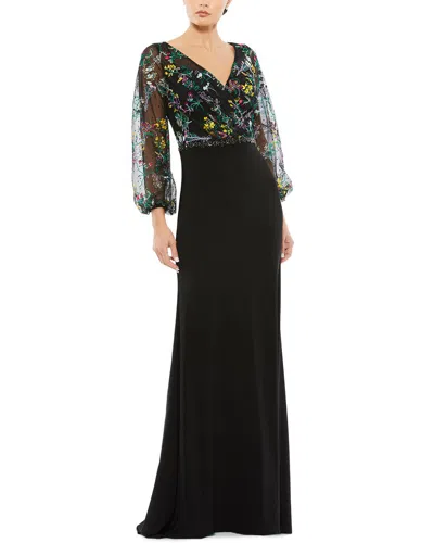 Mac Duggal Embroidered Illusion Puff Sleeve Column Gown In Black Multi
