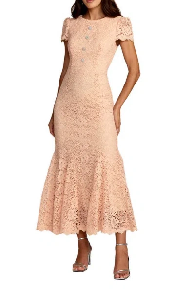 Mac Duggal Embroidered Lace Cap Sleeve Midi Dress In Orange