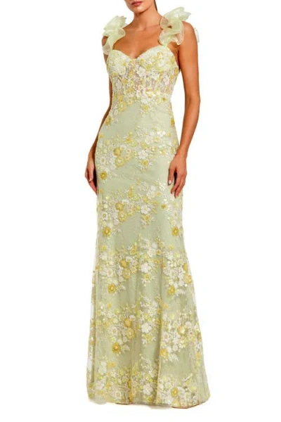Mac Duggal Embroidered Lace Floral Gown With Ruffle Straps In Green