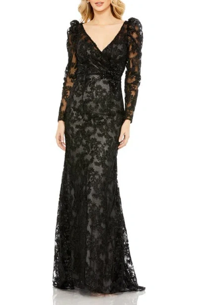 MAC DUGGAL MAC DUGGAL EMBROIDERED LACE PUFF SLEEVE WRAP OVER GOWN