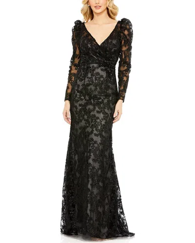 MAC DUGGAL EMBROIDERED LACE PUFF SLEEVE WRAP OVER GOWN