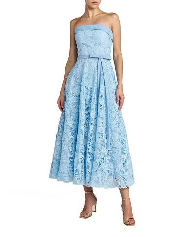 Mac Duggal Embroidered Lace Strapless Midi Dress With Bow Detail In Blue