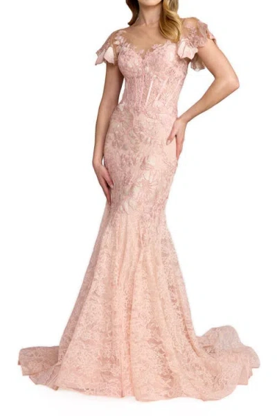 Mac Duggal Embroidered Lace Trumpet Gown With Flutter Sleeves In Pink