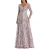 Mac Duggal Embroidered Lace Wrap Over Illusion Long Sleeve A Line Gown In Lilac