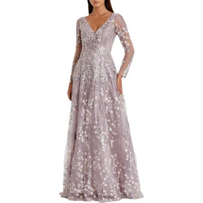 Mac Duggal Embroidered Lace Wrap Over Illusion Long Sleeve A Line Gown In Lilac