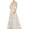 Mac Duggal Embroidered Lace Wrap Over Illusion Long Sleeve A Line Gown In Pastel Multi