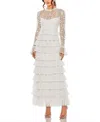 Mac Duggal Embroidered Long Sleeve Ruffled Tiered Gown In Pearl