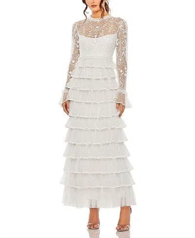 MAC DUGGAL EMBROIDERED LONG SLEEVE RUFFLED TIERED DRESS