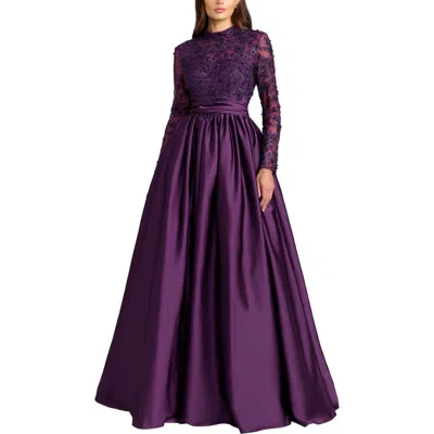 Mac Duggal Embroidered Long Sleeve Satin Ball Gown In Purple