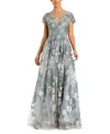 Mac Duggal Embroidered Mesh Dress With Illusion Neck And Short Sleeves In Gray