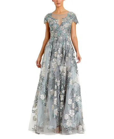 Mac Duggal Embroidered Mesh Dress With Illusion Neck And Short Sleeves In Gray