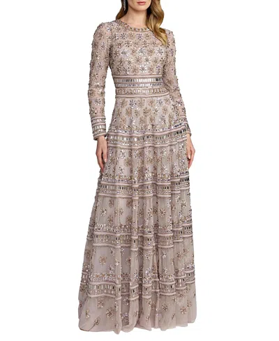 Mac Duggal Embroidered Mesh Long Sleeve A Line Gown In Silver