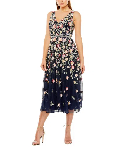Mac Duggal Embroidered Mesh V-neck Sleeveless Midi Dress In Multi