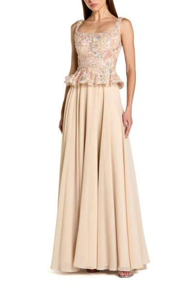 Mac Duggal Embroidered Peplum Top With Chiffon Skirt Gown In Brown
