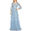 Mac Duggal Embroidered Puff Sleeve A-line Gown In Blue