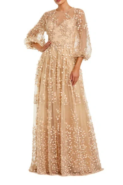 Mac Duggal Embroidered Puff Sleeve A-line Gown In Brown