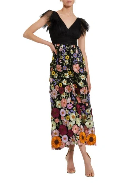 Mac Duggal Embroidered Ruched Flutter Sleeve A Line Dress In Black Multi