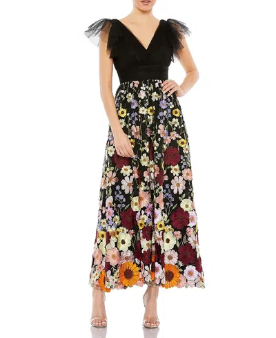 MAC DUGGAL EMBROIDERED RUCHED FLUTTER SLEEVE A LINE DRESS