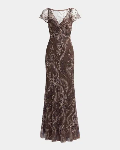 Mac Duggal Embroidered Sequined Gown In Chocolate