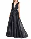MAC DUGGAL EMBROIDERED SHIMMER ORGANZA BALL GOWN IN BLACK