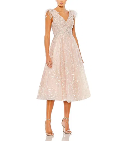 Mac Duggal Embroidered Sleeveless Feather Detail Midi Dress In Pink