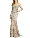 Mac Duggal Embroidered Spaghetti Strap Trumpet Gown In Neutral