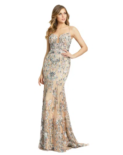 Mac Duggal Embroidered Spaghetti Strap Trumpet Gown In Beige Multi