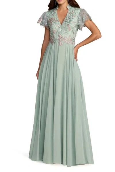 Mac Duggal Embroidered Top Chiffon Skirt Ruffle Sleeve Gown In Green