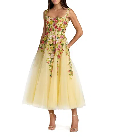Mac Duggal Embroidered Tulle A-line Midi Dress In Yellow
