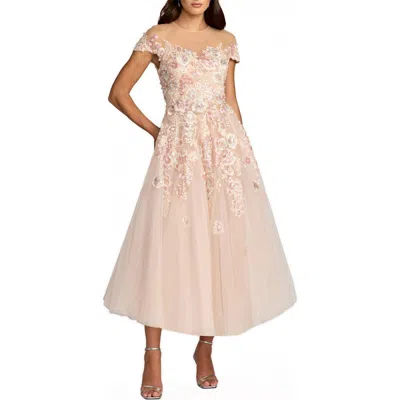 Mac Duggal Embroidered Tulle Illusion Neck Cap Sleeve Dress In Pink