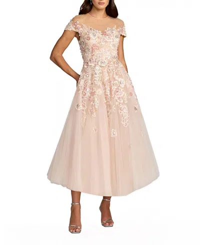 Mac Duggal Embroidered Tulle Illusion Neck Cap Sleeve Dress In Neutral