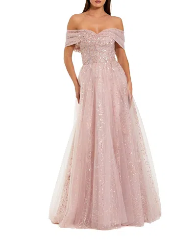 Mac Duggal Embroidered Tulle Off The Shoulder Ballgown In Pink