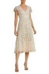 Mac Duggal Embroidered V Neck Cap Sleeve Midi Dress In Beige Multi