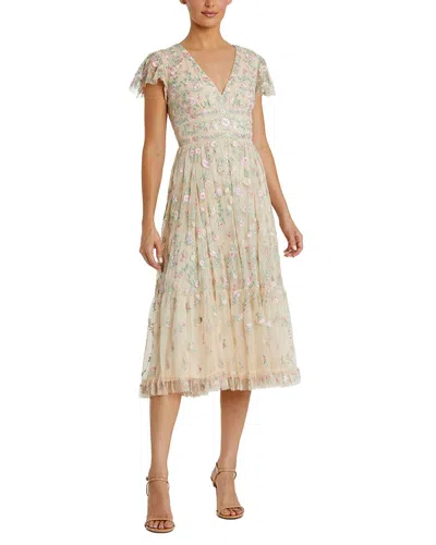 Mac Duggal Embroidered V Neck Cap Sleeve Midi Dress In Brown