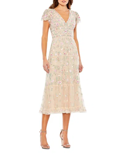 Mac Duggal Embroidered V Neck Cap Sleeve Midi Dress In Neutral