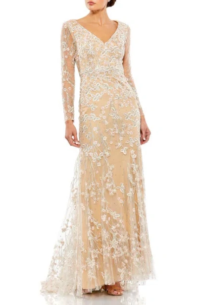 Mac Duggal Embroidered V Neck Long Sleeve Trumpet Gown In Ivory Nude